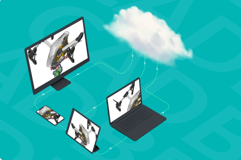 CADbro 3D CAD viewer enabling cross-platform collaboration for engineers, with real-time access to view, annotate, and share 3D models on desktop, tablet, and mobile devices. | CADbro interfejs prikazan na desktopu, laptopu, tabletu i mobilnom telefonu sa cloud povezivanjem za saradnju na 3D CAD modelima.