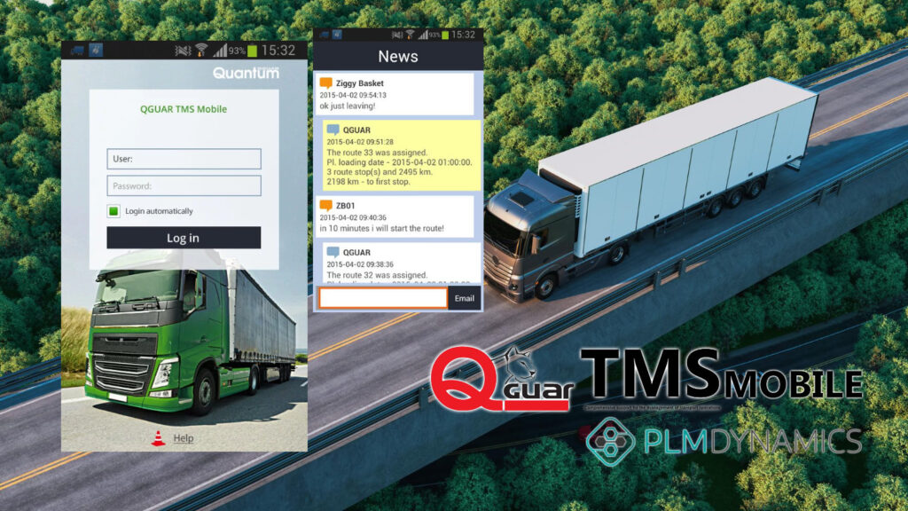 Qguar TMS Mobile aplikacija za upravljanje transportom – prikaz ekrana za logovanje i razmenu informacija sa centralom, moderni kamion na auto-putu, PLM Dynamics | Qguar TMS Mobile application for transport management – login and real-time communication screens, modern truck on highway, PLM Dynamics
